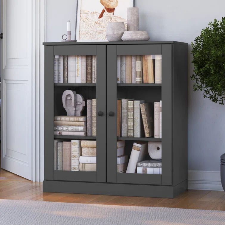 Gray Solid Pine Wood 3-Shelf Bookcase with Glass Doors