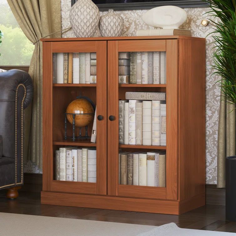 Mocha Solid Pine Wood 3-Shelf Bookcase with Glass Doors