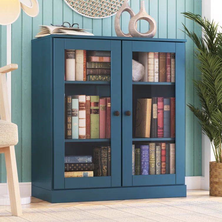 Teal Blue Solid Pine Wood Adjustable 3-Shelf Bookcase with Glass Doors