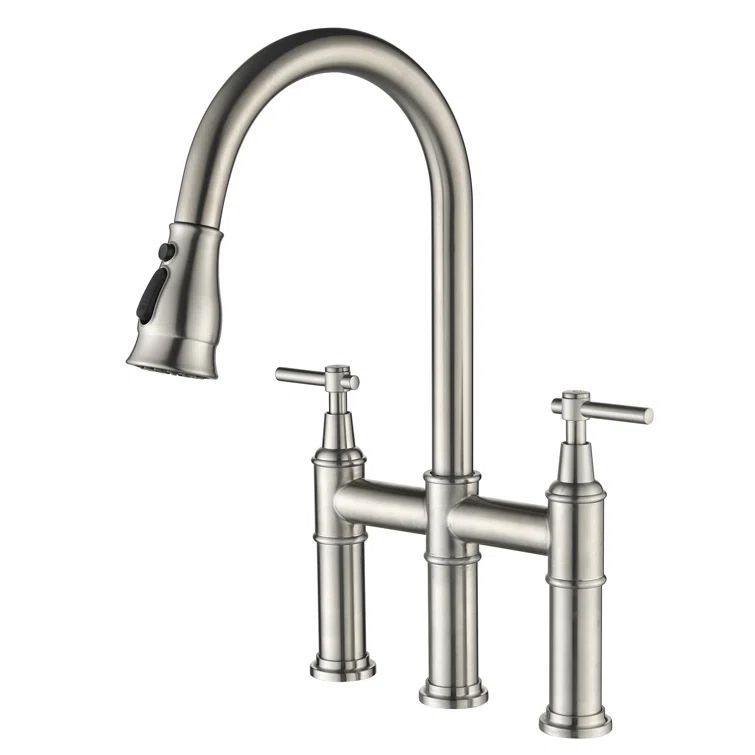 Brushed Nickel Bridge Kitchen Faucet with Pull-out Spray
