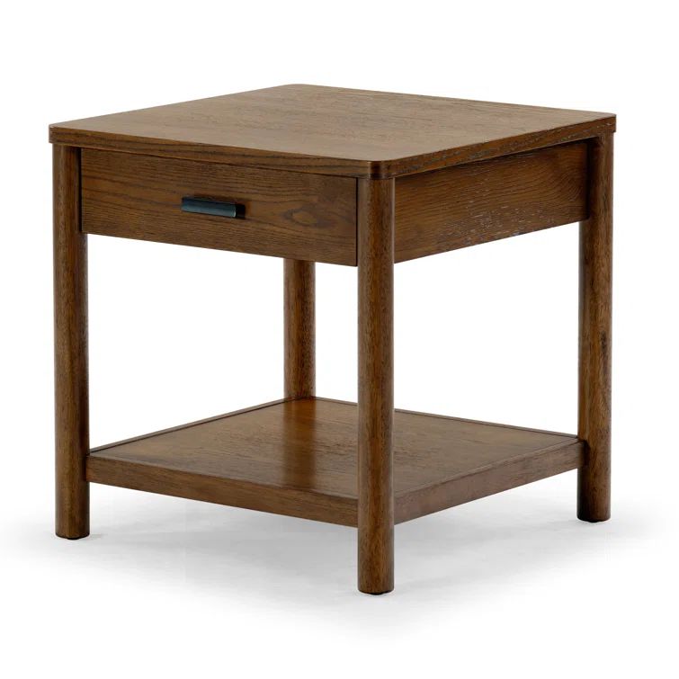 Medium Oak Wood and Metal End Table with Storage Drawer