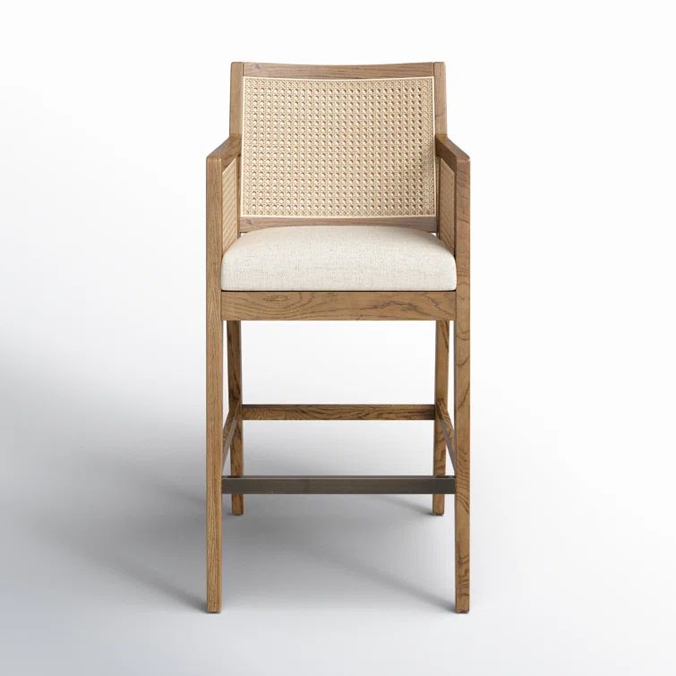 Toasted Parawood & Brass Swivel Bar Stool with Linen-Blend Seat