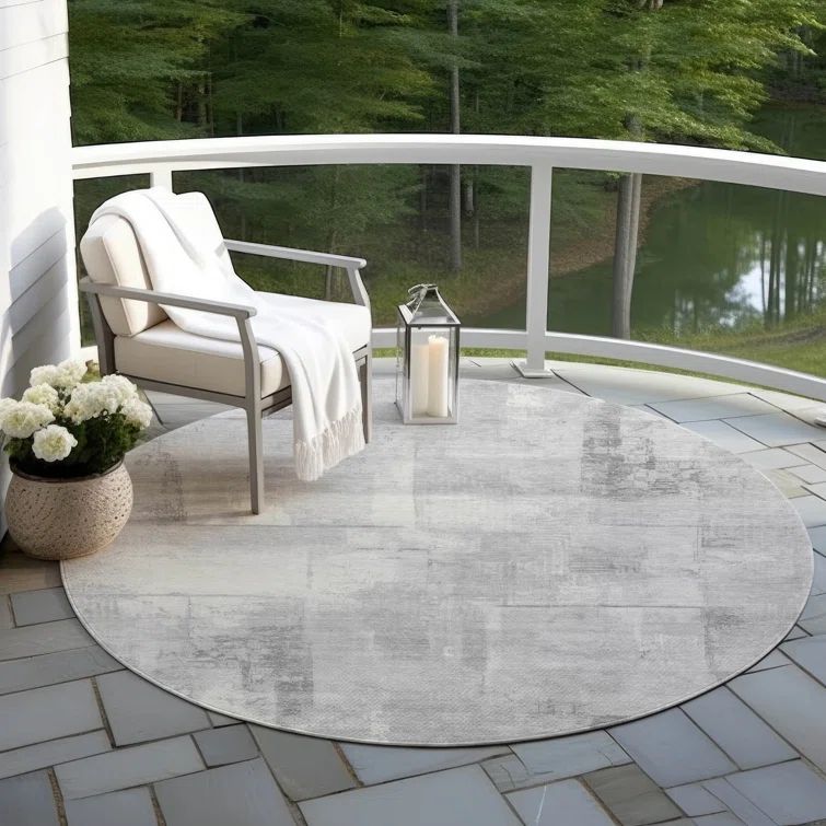 Gray Round Synthetic Flat Woven Washable Rug, 8' x 8'