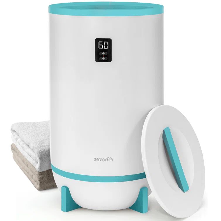 SereneLife White and Blue Bucket Towel Warmer with Timer