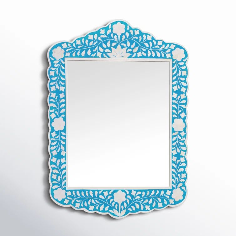 Blue and White Ornate Rectangular Wood Wall Mirror