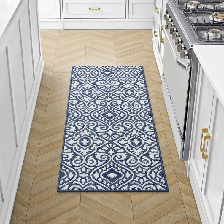 Dusty Navy and Ivory Synthetic Tufted Runner Rug 60" x 25"