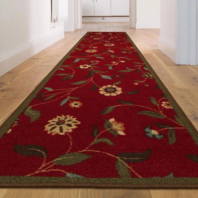 Red Floral Synthetic Rubber Back Hallway Runner Rug