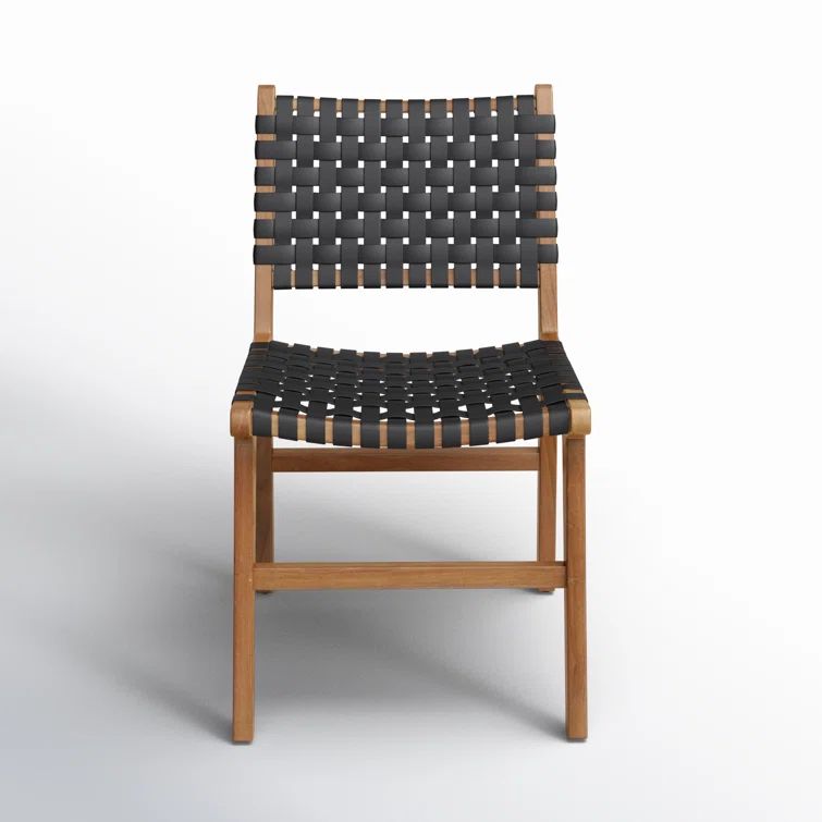 Black Leather Woven Upholstered Side Chair with Natural Wood Frame