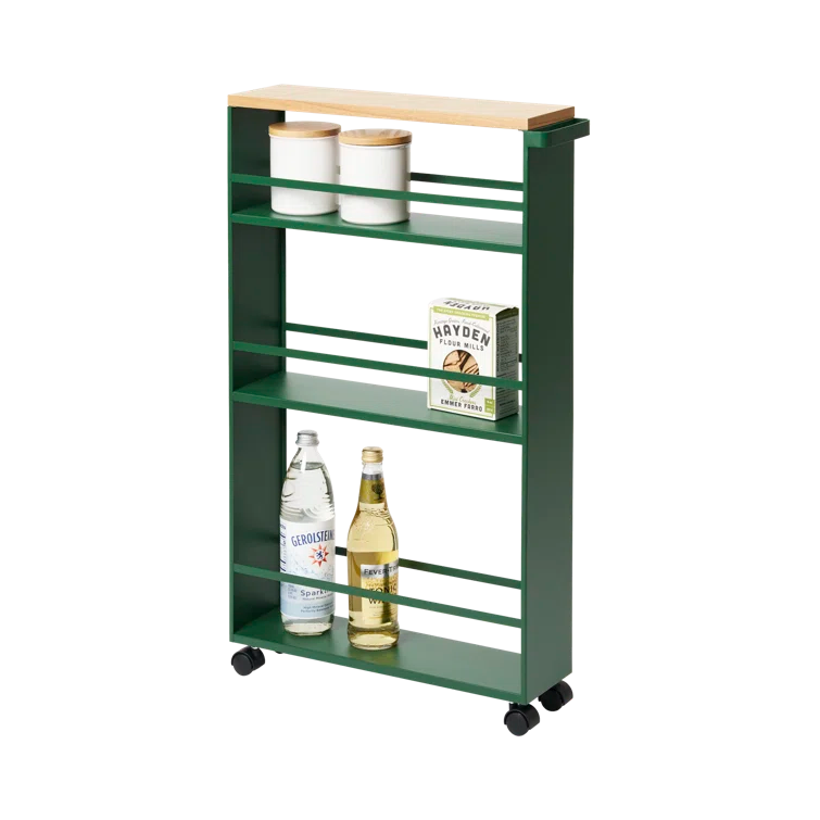 Forest Green Slim Rolling Three-Tier Storage Cart with Wooden Top