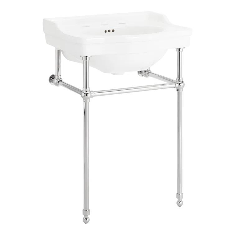 24" White Ceramic Rectangular Console Bathroom Sink with Chrome Legs