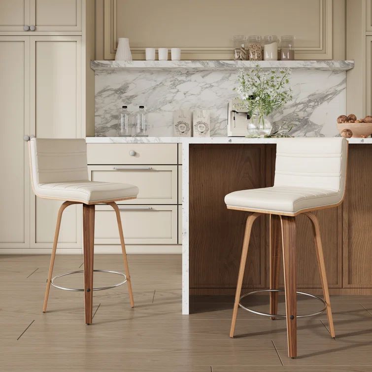 Beige Faux Leather Swivel Counter Stools with Walnut Legs, Set of 2