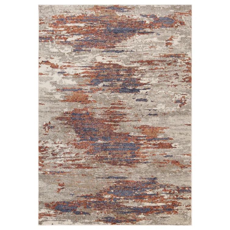 Beige and Blue Abstract Low Pile Rectangular Area Rug