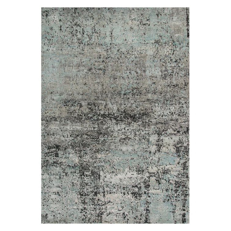 Gray and Blue Hand-Knotted Wool Silk Abstract Rug, 8x10