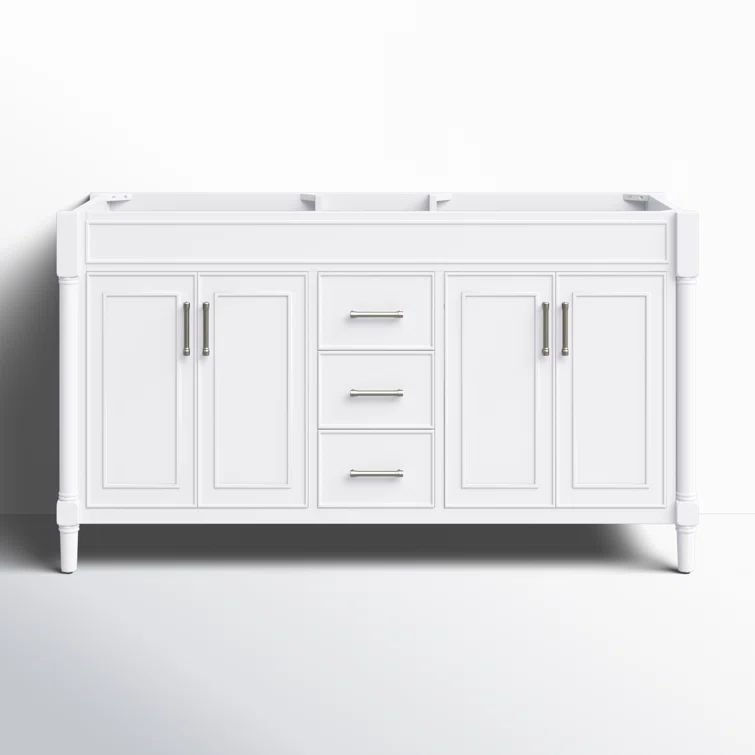 Bristol 60'' White Double Bathroom Vanity Base with Nickel Hardware