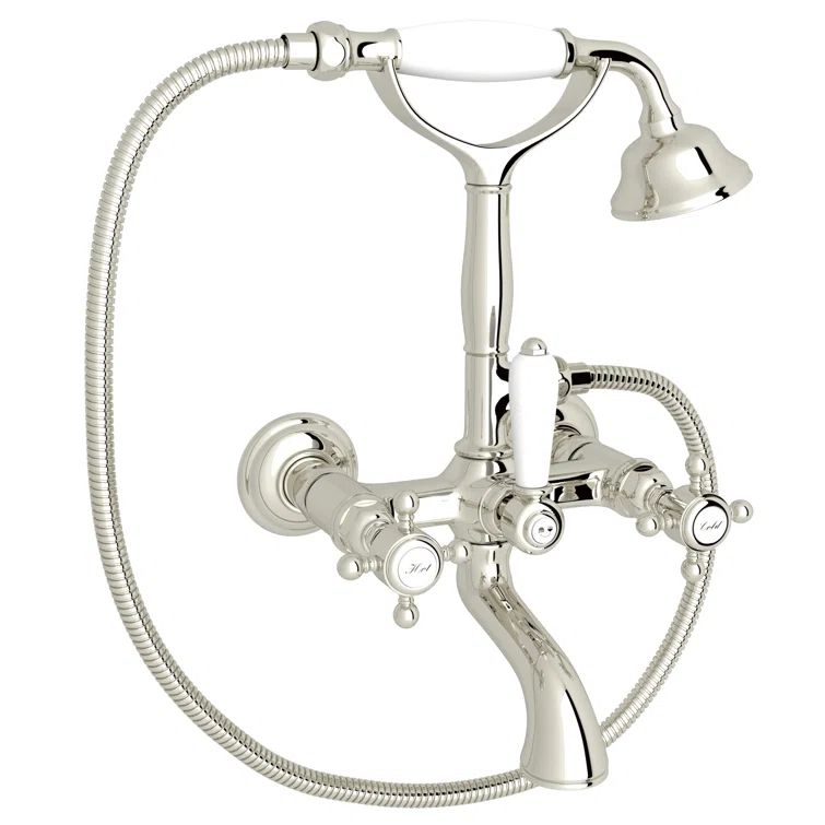 Elegante Polished Nickel Wall-Mounted Tub Filler with Porcelain Handles