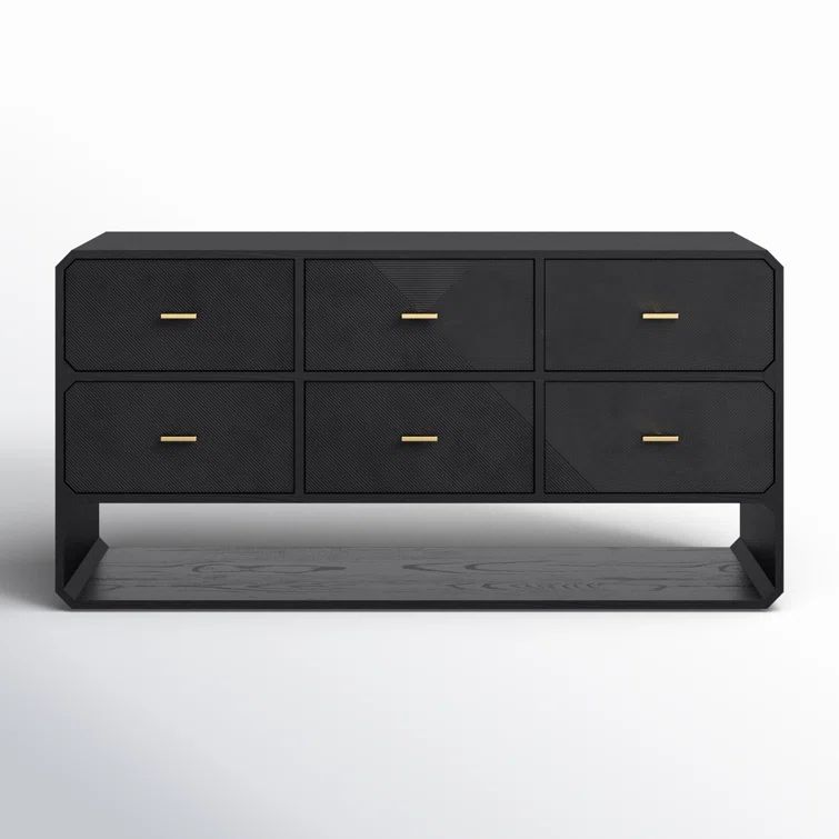 Black Ash Veneer 6-Drawer Dresser with Brass Handles