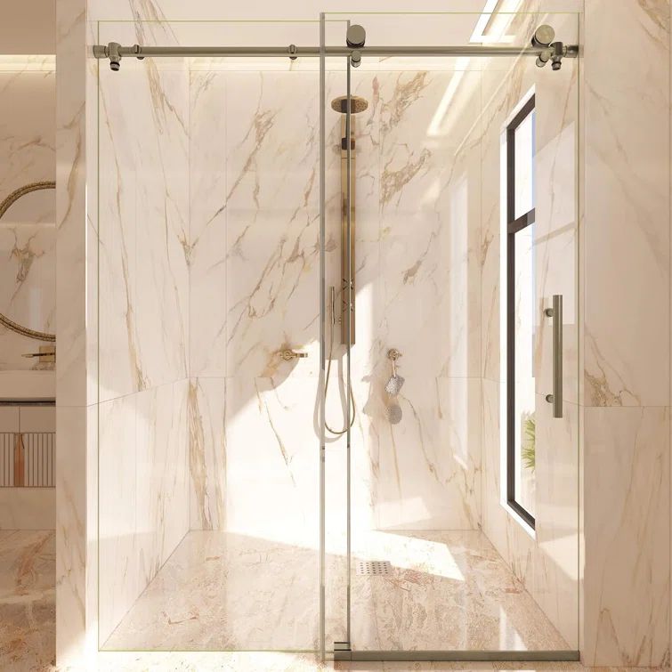 Frameless Brushed Nickel Sliding Shower Door with Clear Tempered Glass