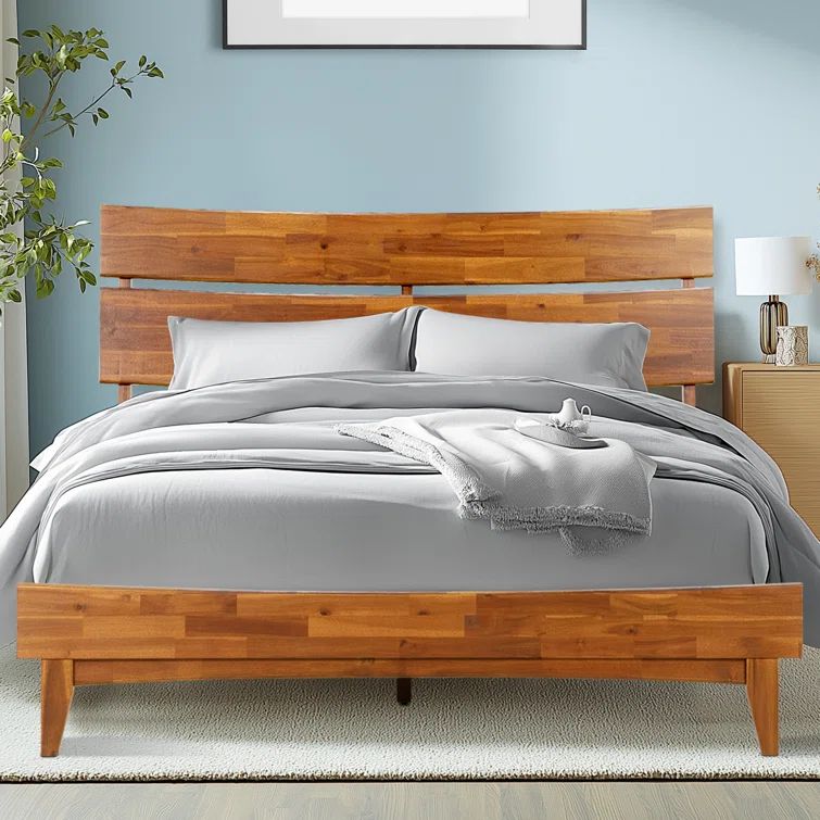 Caramel Acacia King Solid Wood Bed Frame with Headboard and Slats
