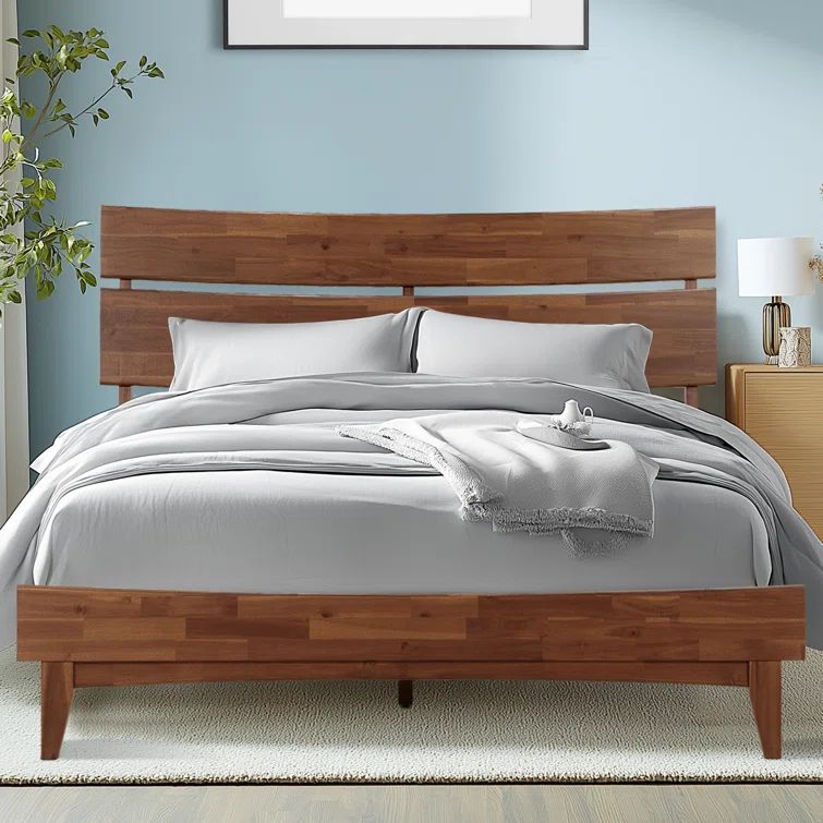 King Size Walnut Acacia Wood Bed Frame with High Headboard