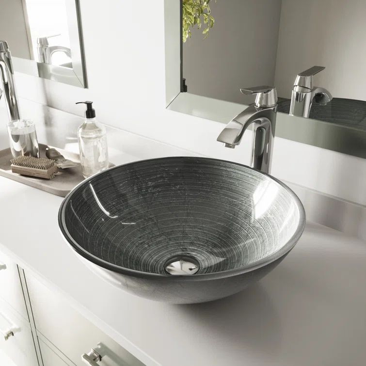 Simply Silver Circular Glass Vessel Sink with Swirled Pattern