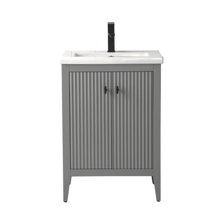 Gray Single Freestanding Bathroom Vanity with Ceramic Top