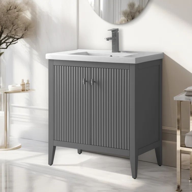 30" Linear Cashmere Gray Single Bathroom Vanity with Ceramic Top