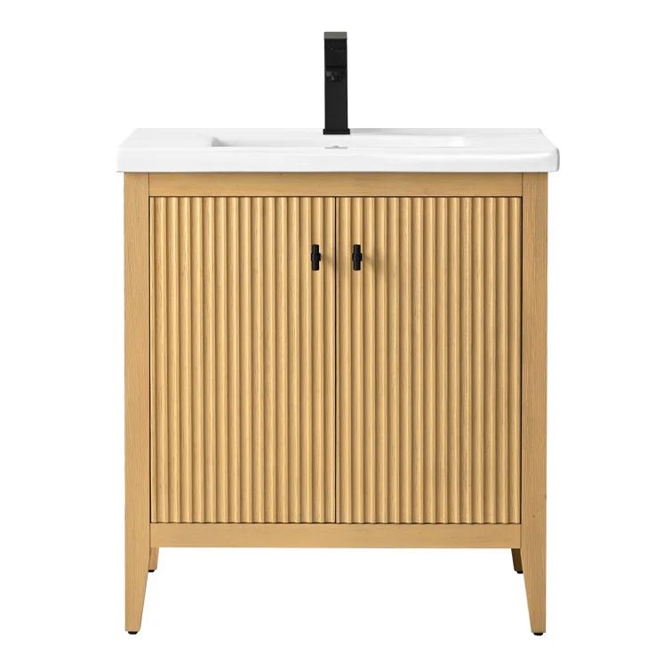 30" Natural Oak and Matte Black Single Sink Bathroom Vanity with Ceramic Top