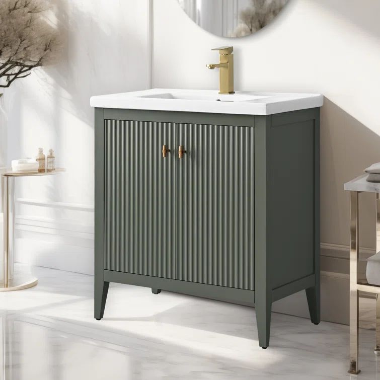 30" Green and Gold Poplar Wood Single Sink Bathroom Vanity