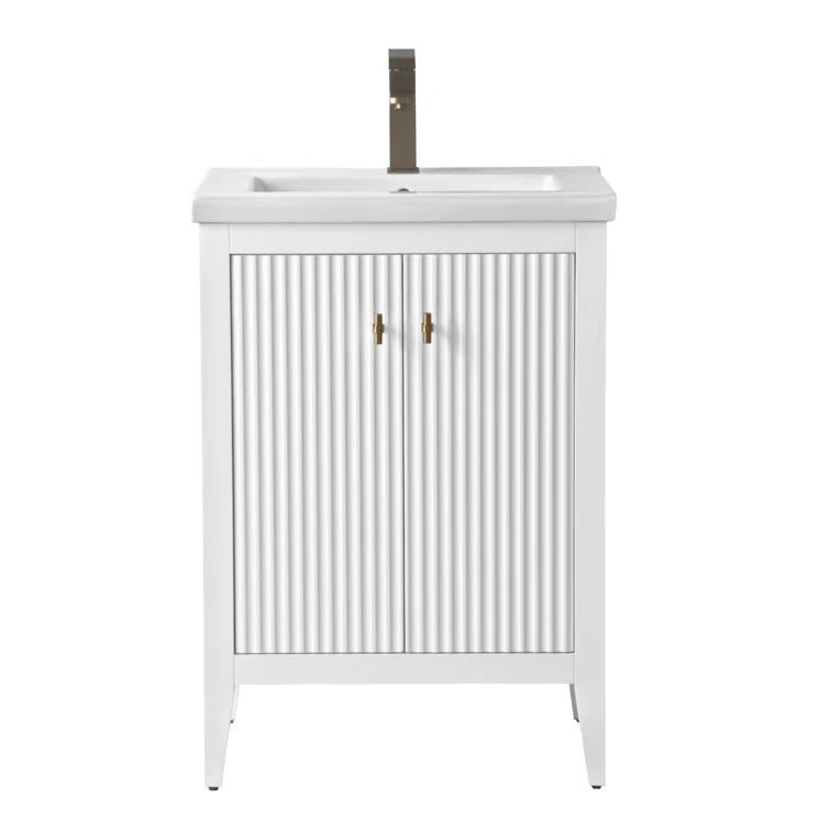 White and Gold Freestanding Single Bathroom Vanity with Ceramic Top