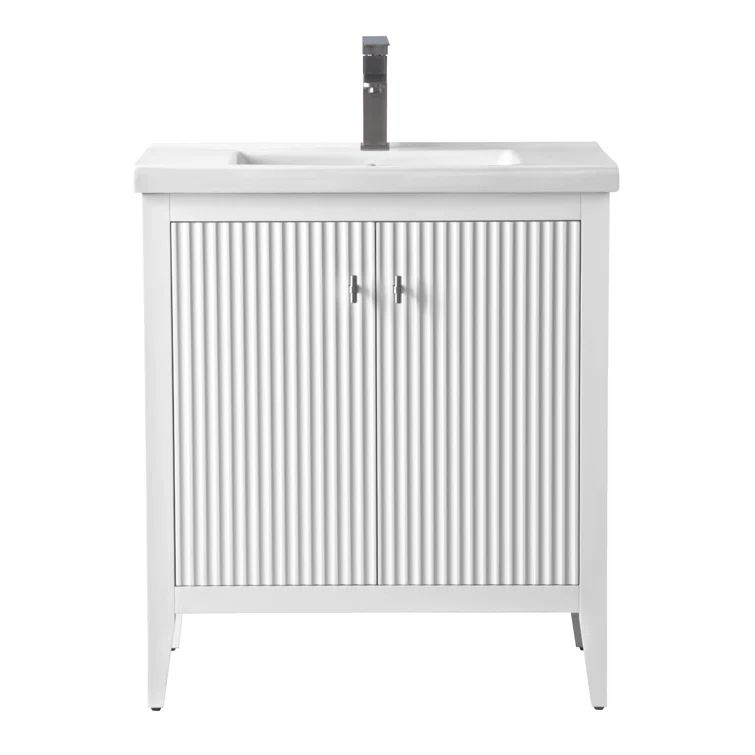 Linear White Solid Wood Single Sink Bathroom Vanity with Ceramic Top