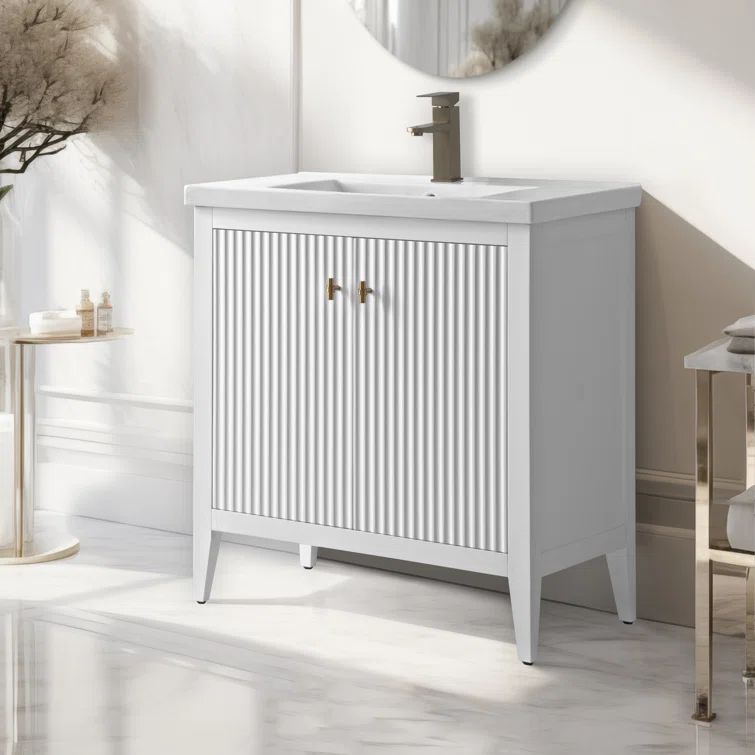 30" White Solid Wood Freestanding Bathroom Vanity with Ceramic Top