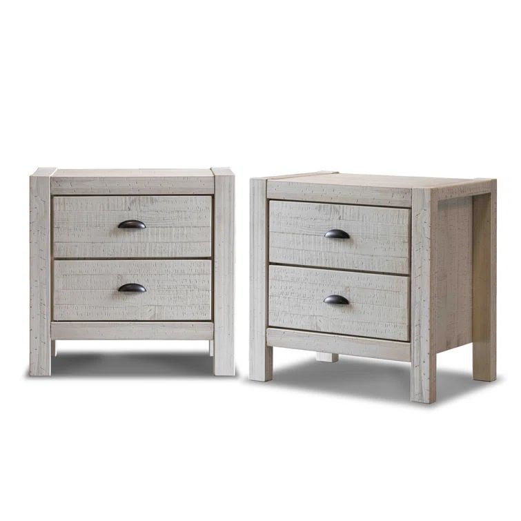 Rustic Off-White Solid Pine 2-Drawer Nightstand