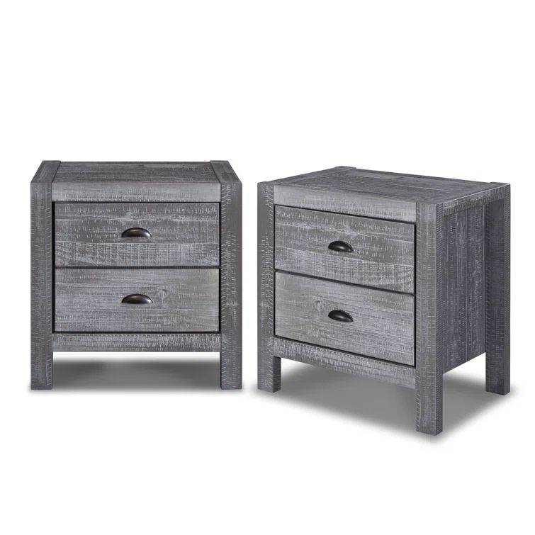 Rustic Grey Pine Wood 2-Drawer Nightstand with Black Metal Handles