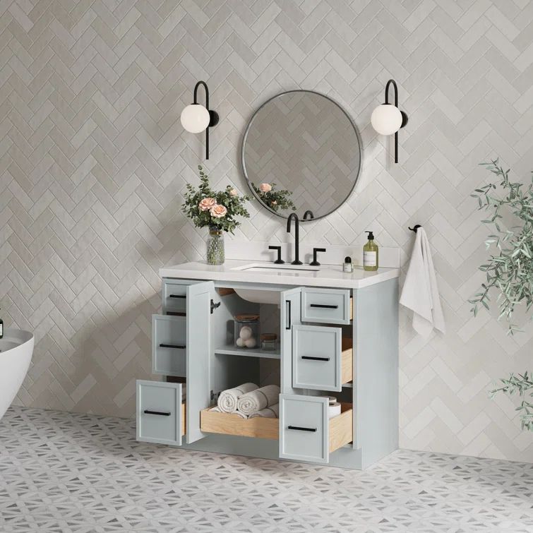 Gray Wood Single Sink Bathroom Vanity with White Quartz Top
