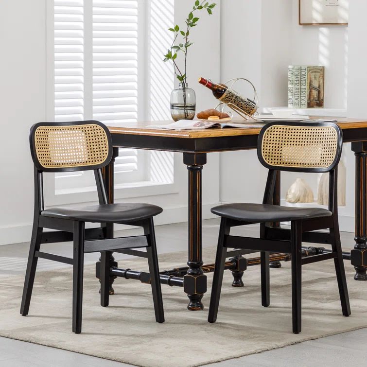 Black Faux Leather Upholstered Oak Wood Cane Back Side Chair Set