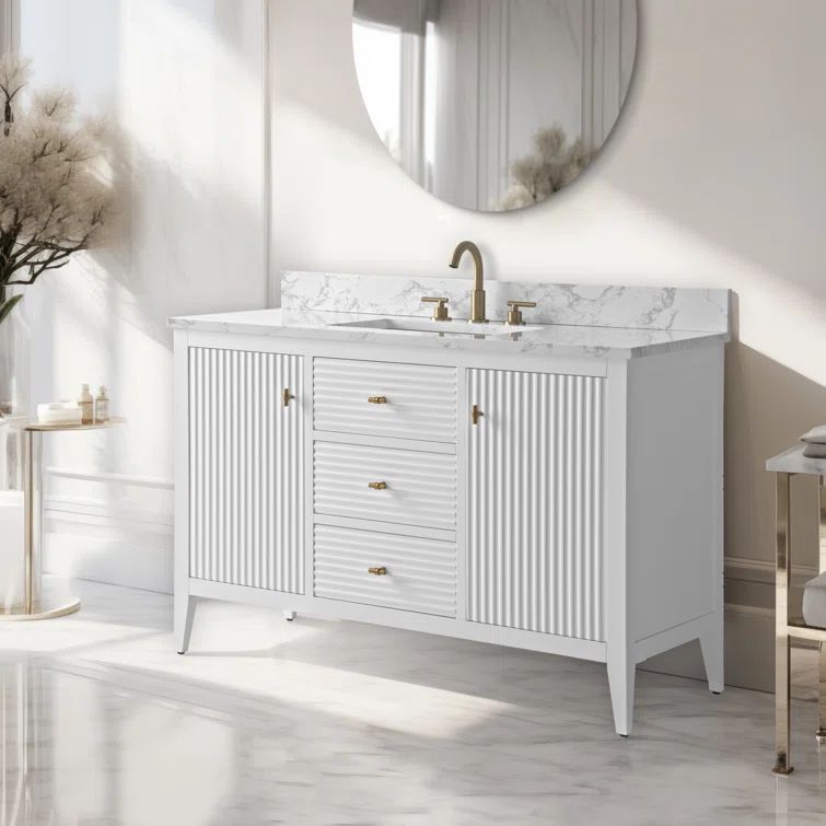 48'' White Freestanding Bathroom Vanity with Golden Brushed Handles