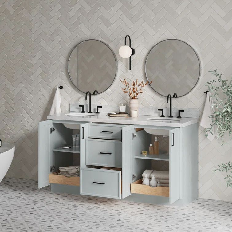 Gray Double Sink Freestanding Vanity with Carrara Marble Top