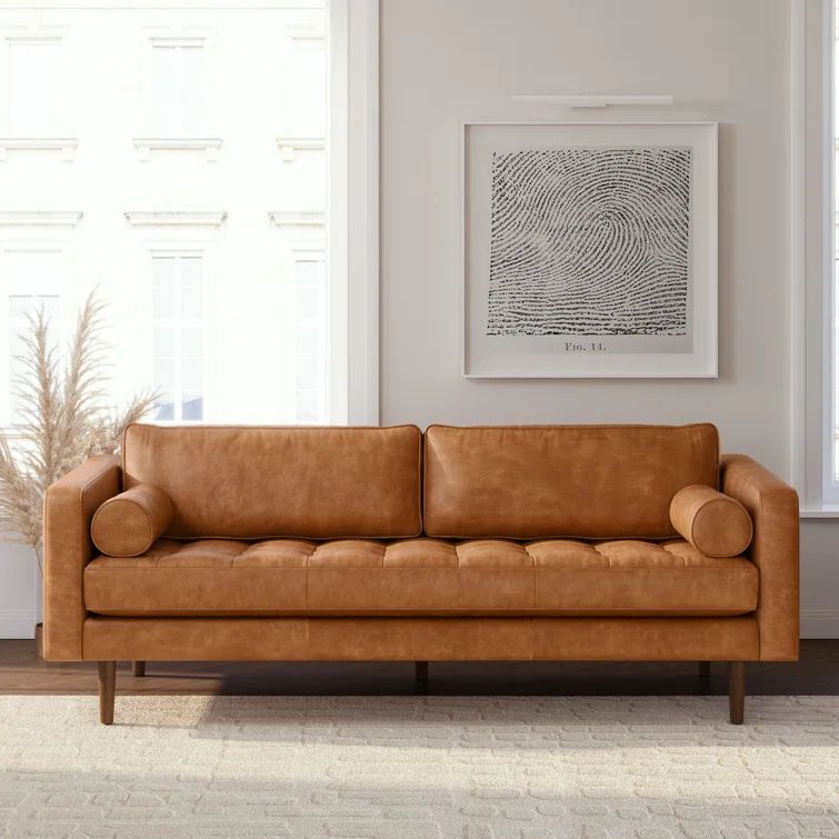 Cognac Tan Leather Tufted Sofa with Solid Wood Legs