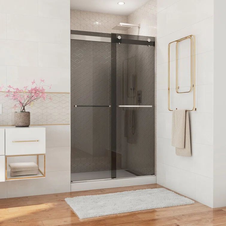 Essence Frameless Smoke Gray Glass Sliding Shower Door with Brushed Nickel Hardware
