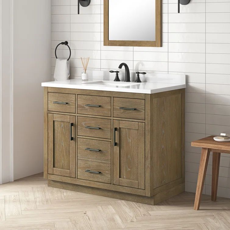 Driftwood Oak Freestanding Single Sink Bathroom Vanity with Quartz Countertop