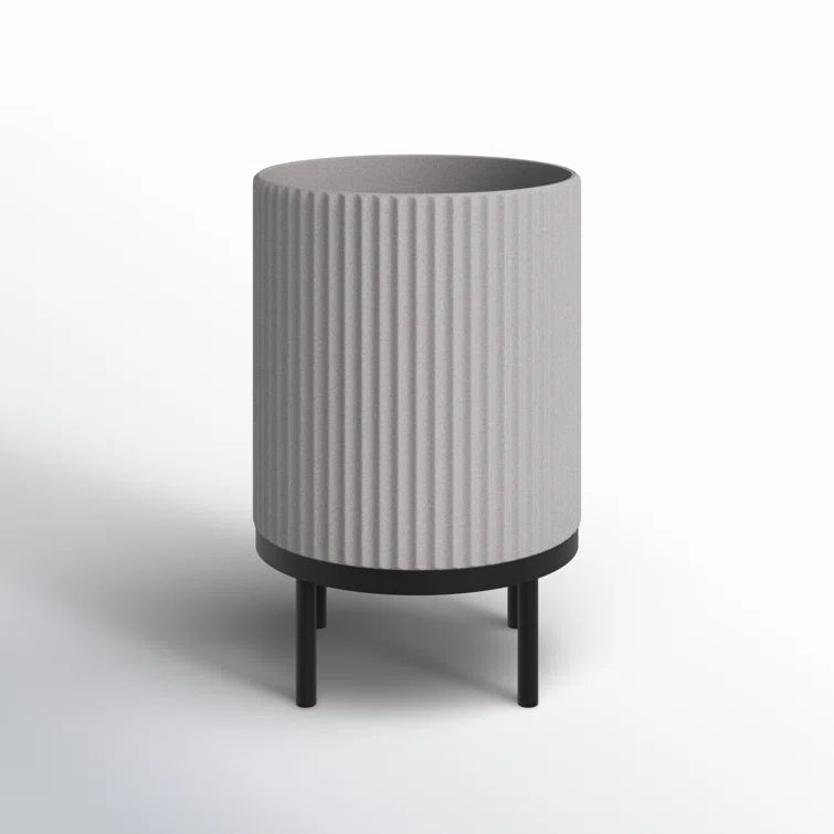 Gray and Black Fluted Planter with Acacia Wood Stand