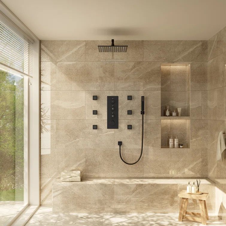 Matte Black Ceiling Mounted Thermostatic Shower System with Body Jets