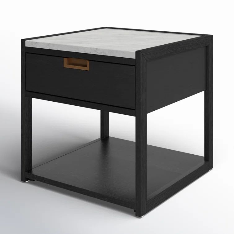 Adeline Black and White Marble Top Nightstand with Antique Brass Handle
