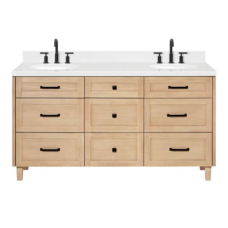 Monroe 66 Inch Oak Double Sink Vanity with Carrara White Quartz Top