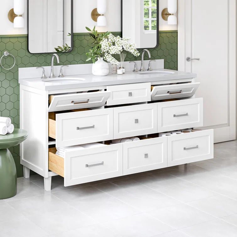 Monroe 67" White Wood Double Sink Vanity with Quartz Top