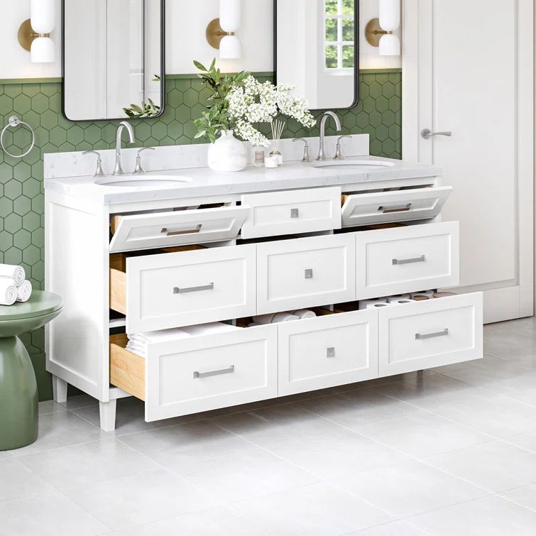 Monroe 66" White Wood Double Sink Vanity with Quartz Top