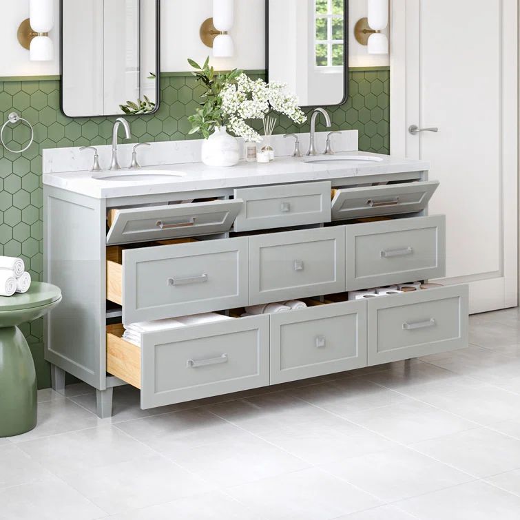 Gray Wood Double Sink Freestanding Vanity with Quartz Top