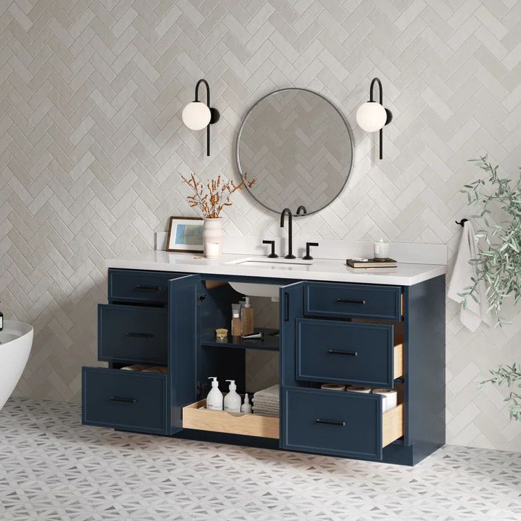 Midnight Blue Wood Freestanding Bathroom Vanity with Pure White Quartz Countertop