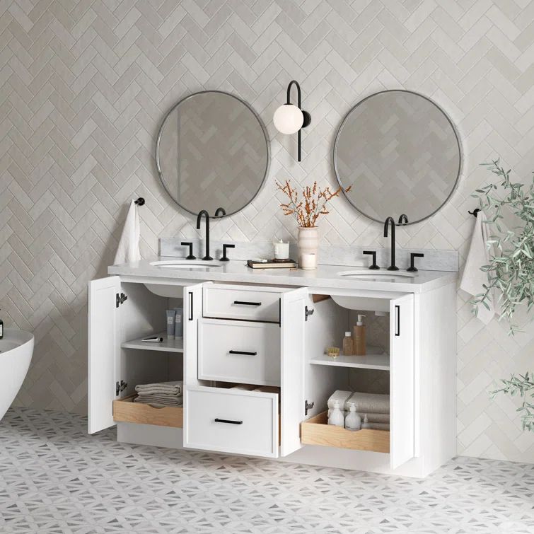 Kelly 67" White Wood Double Sink Vanity with Carrara Marble Top