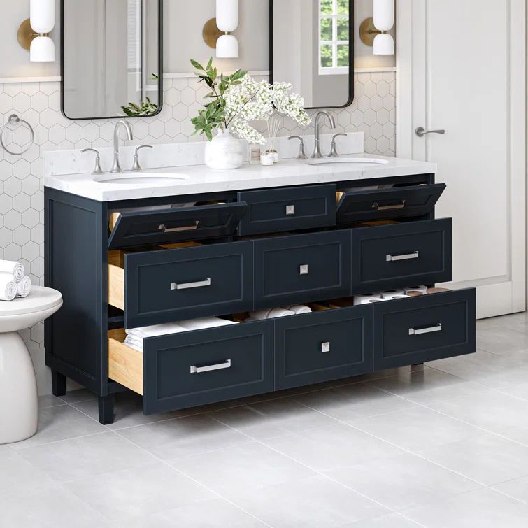 Monroe 66" Midnight Blue Double Sink Vanity with Carrara White Quartz Top